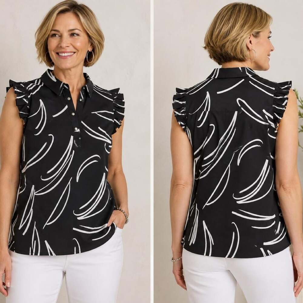 Chico's Black White Abstract Print Ruffle Shoulder Blouse Size 10